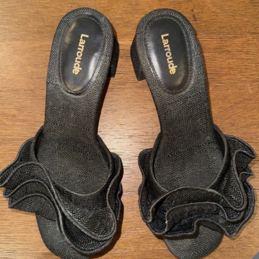 Larroude Brigitte Ruffle Mule Size 7.5 Black Raffia Block Heel Sandal